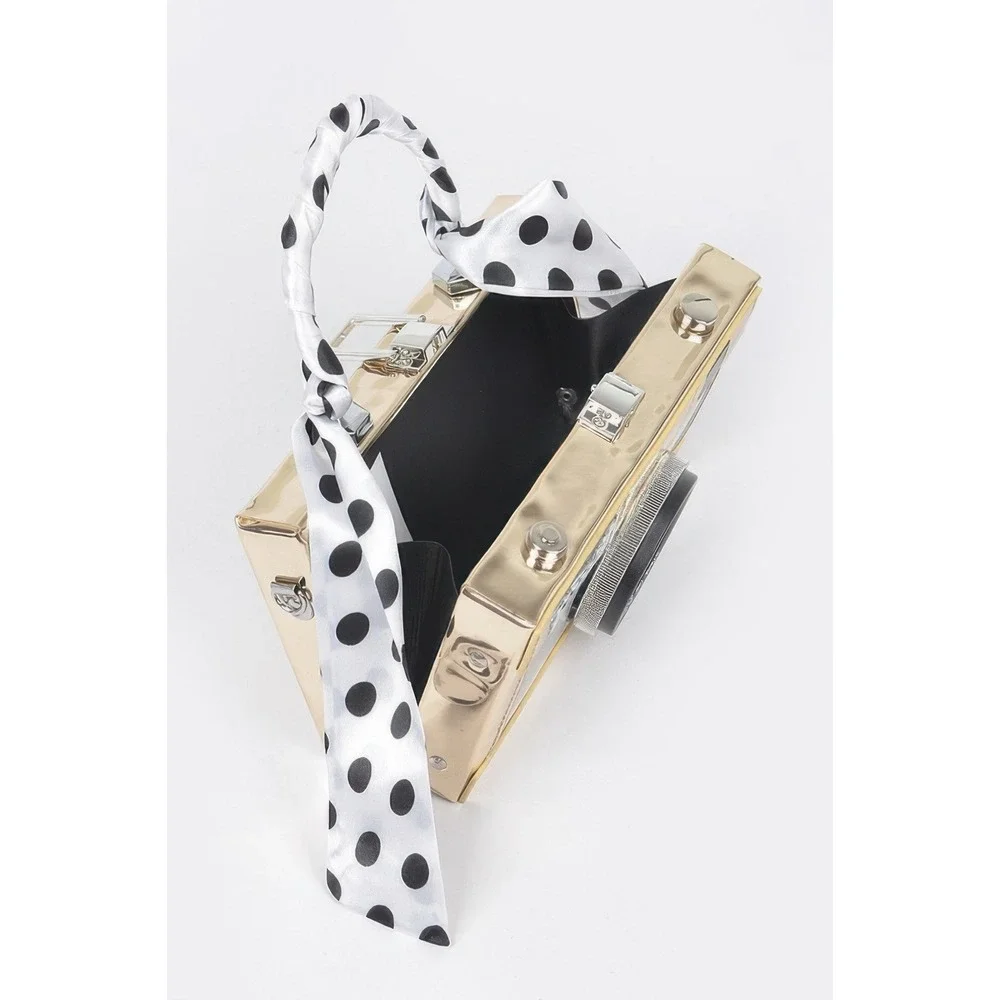 Gold Camera Novelty Box Clutch Crossbody Bag with Polka Dot Scarf‎ Handle